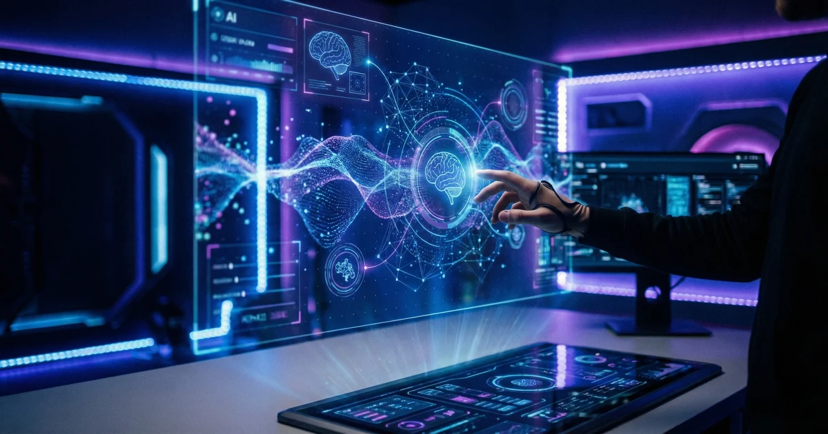Holografická projekce sofistikovaného AI rozhraní, s lidskou rukou interagující v futuristickém pracovním prostoru.