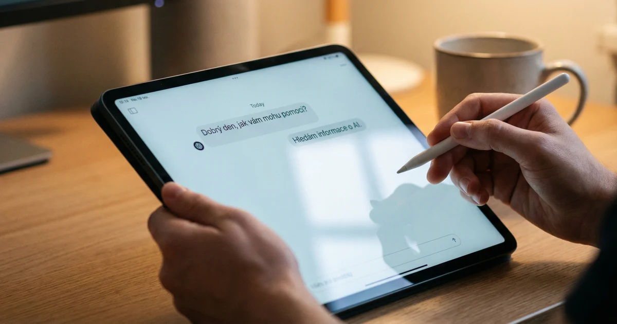 Detailní záběr na ruce interagující s tabletovou aplikací chatbota s českým textem.
