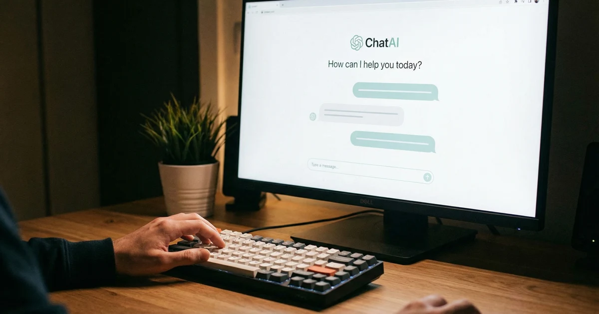 Detail monitoru zobrazujícího minimalistické AI chatovací rozhraní s rukou nad klávesnicí.