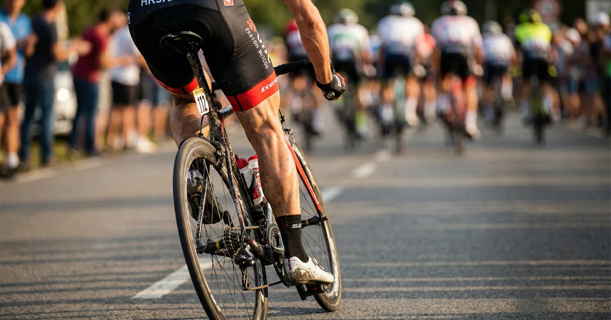 Detail nohou cyklisty šlapajícího během závodu s rozmazaným pozadím.