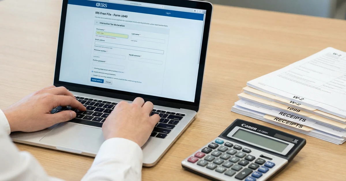 Ruce osoby vyplňující interaktivní online daňové přiznání na notebooku, s kalkulačkou a dokumenty na stole.
