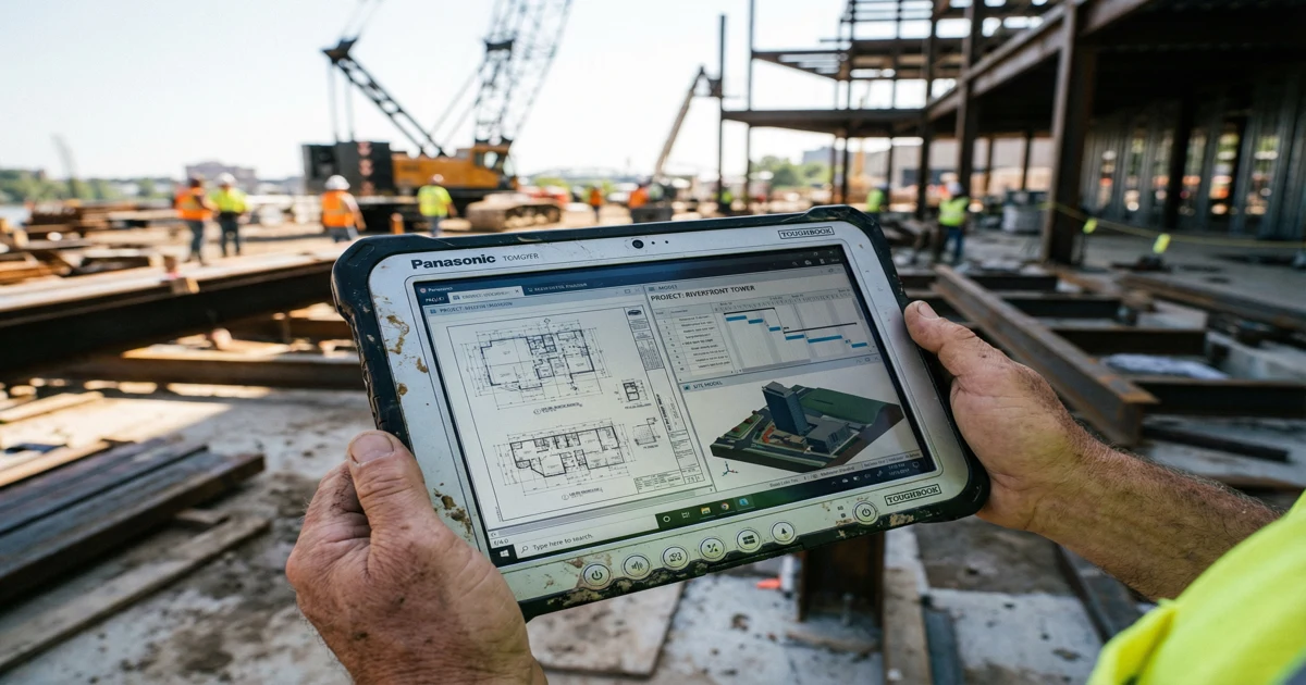 Ruce drží tablet s digitálními plány na staveništi v pozadí.