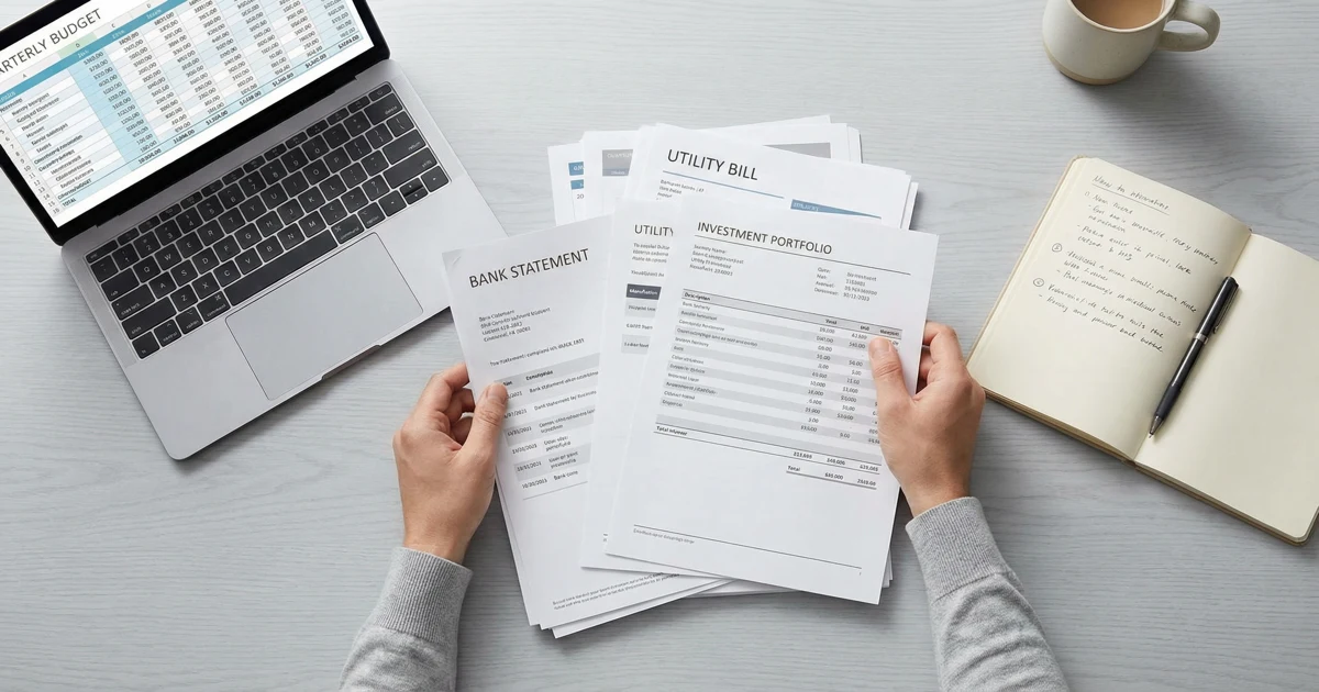 Pohled shora na ruce organizující finanční dokumenty na čistém stole s notebookem.