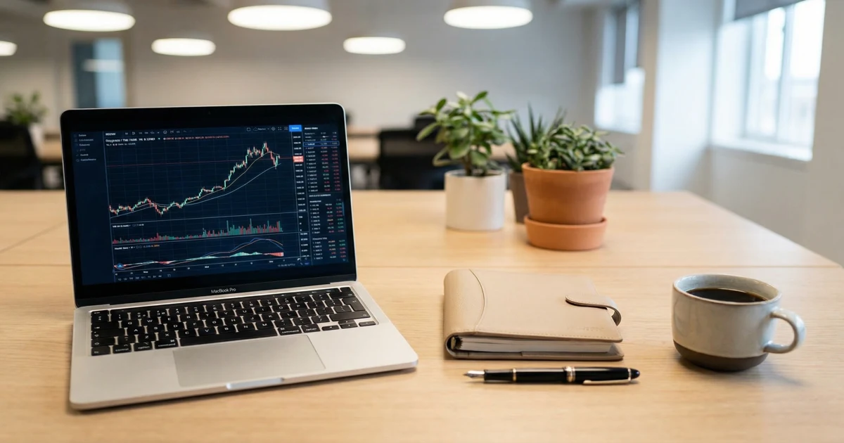Minimalistický pracovní stůl s notebookem zobrazujícím burzovní grafy a finančním plánovačem, symbolizující investování.