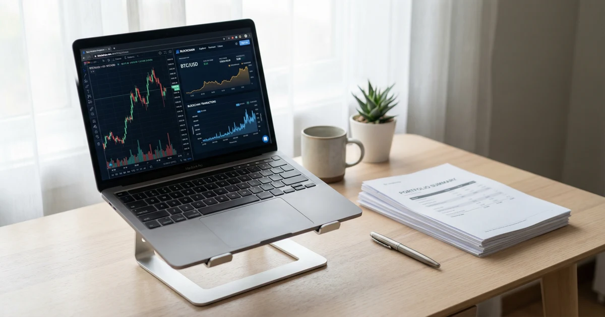 Pracovní stůl s notebookem zobrazujícím grafy kryptoměn a finančními dokumenty.