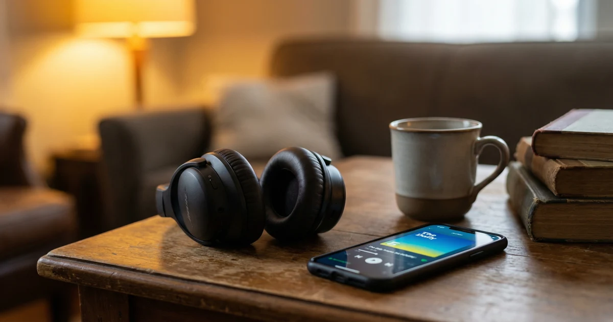 Detailní záběr elegantních sluchátek a smartphonu s aplikací pro podcasty v útulném prostředí.