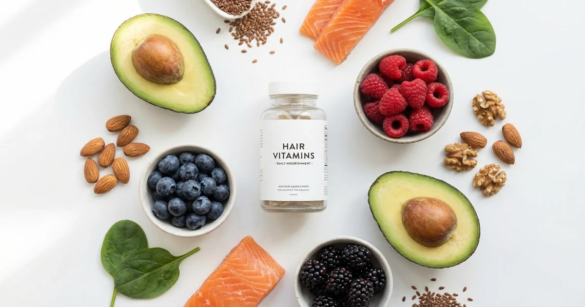 Plochá kompozice čerstvých ingrediencí pro zdravé vlasy a lahvičky vitamínů.