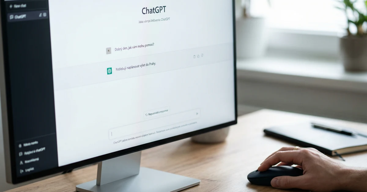 Detailní záběr monitoru s rozhraním ChatGPT v češtině a rukou na myši.