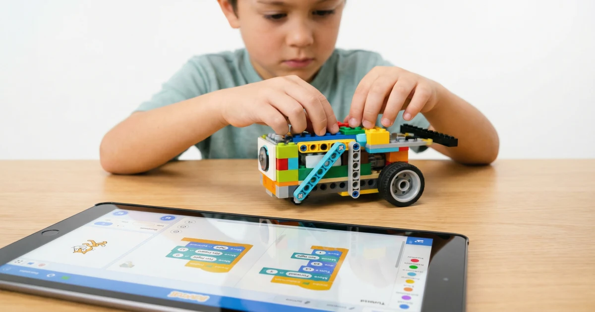 Dětské ruce stavějící LEGO robota s tabletem zobrazujícím programovací rozhraní.