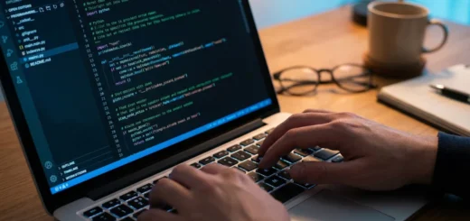 Obrazovka notebooku zobrazující Python kód s rukama programátora na klávesnici.