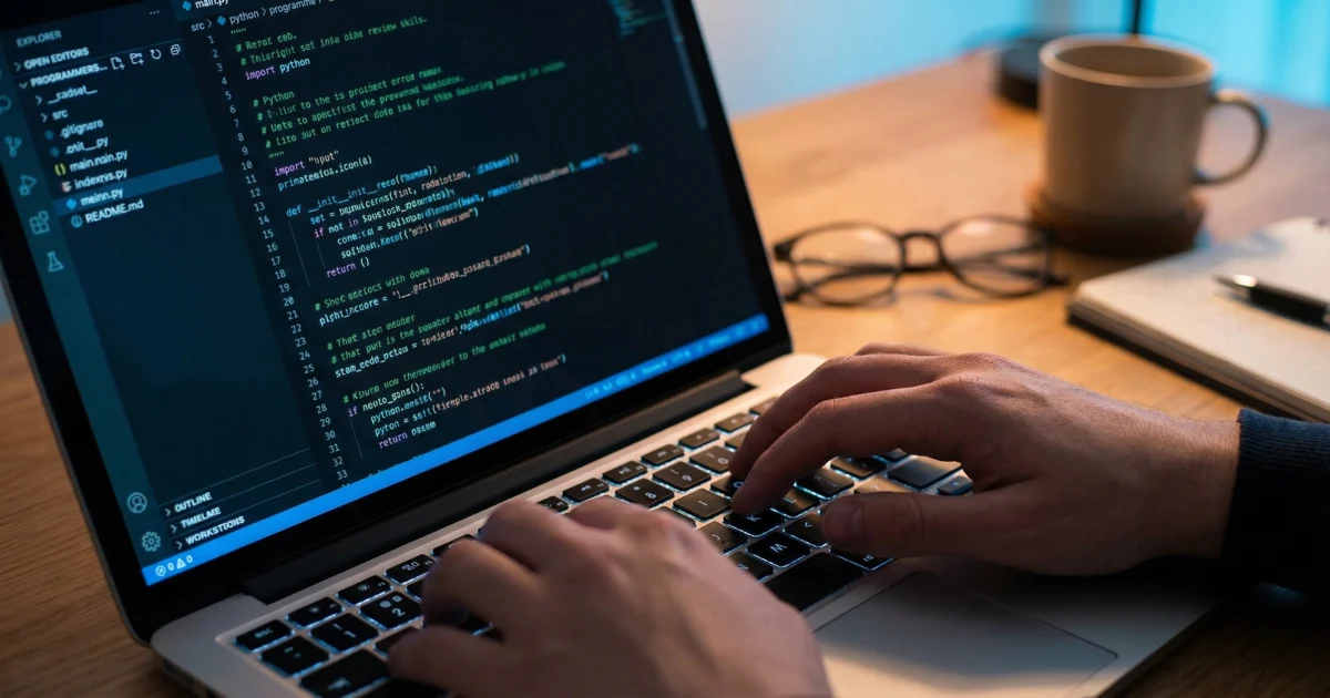 Obrazovka notebooku zobrazující Python kód s rukama programátora na klávesnici.