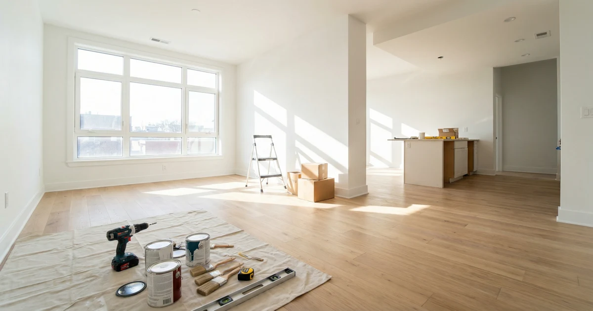 Světlý interiér částečně renovovaného bytu s nářadím a novými materiály.