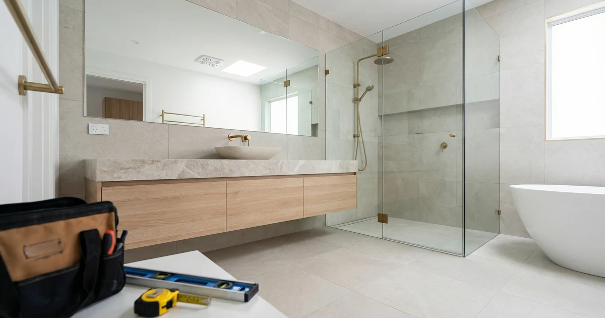 Moderní, nově zrekonstruovaná koupelna s čistými liniemi a stylovou umyvadlovou skříňkou, s náznakem stavebního nářadí.