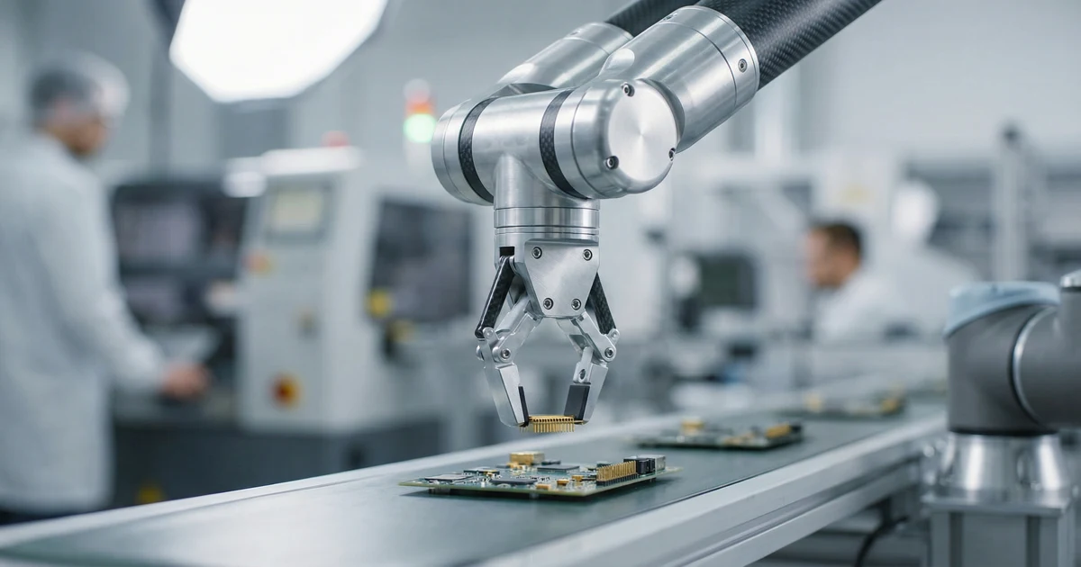 Detailní záběr na robotickou ruku precizně pracující na montážní lince, symbolizující robotiku a automatizaci.