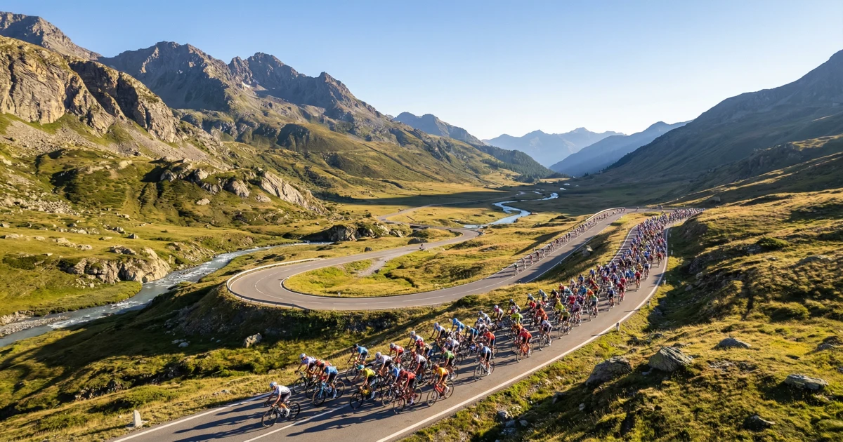 Pohled z výšky na skupinu cyklistů na klikaté silnici v horách.