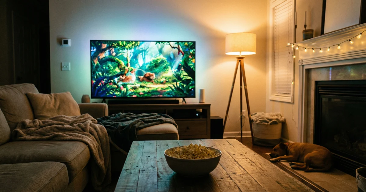 Útulný obývací pokoj za soumraku s velkou televizní obrazovkou a miskou popcornu, symbolizující streamovací služby.