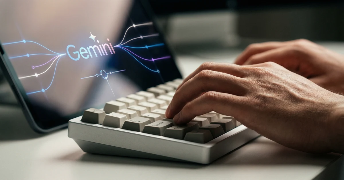 Detailní záběr na ruce píšící na klávesnici s odrazem abstraktního rozhraní Google Gemini AI na obrazovce.
