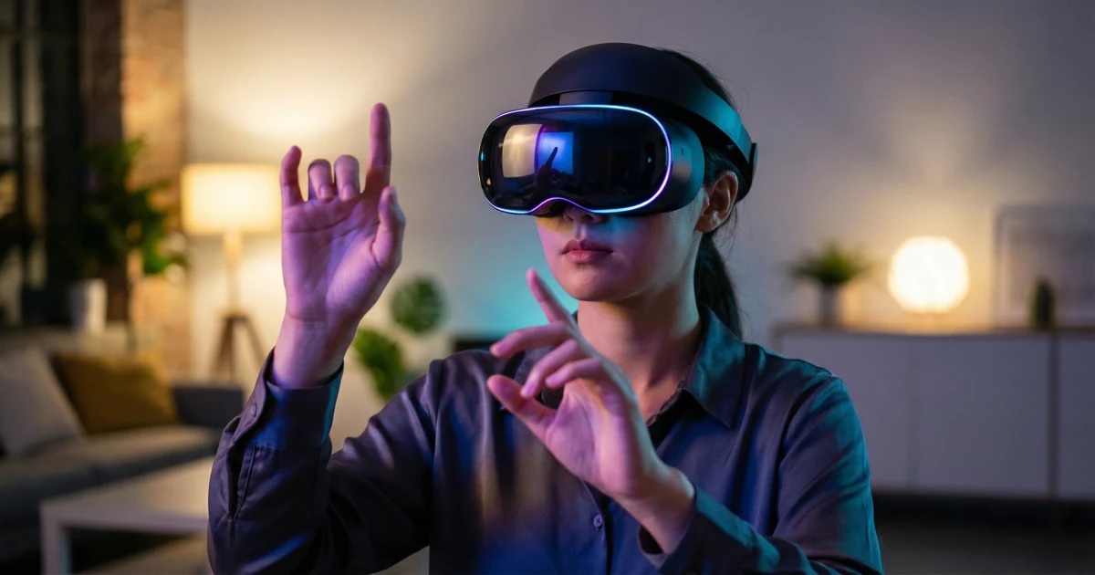 Osoba s moderní VR soupravou ponořená do virtuální reality, osvětlená barevným světlem.