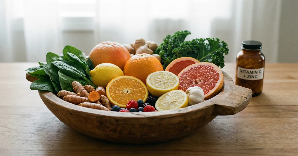 Rustikální dřevěná mísa plná svěžích ingrediencí podporujících imunitu a láhev vitaminů v pozadí.