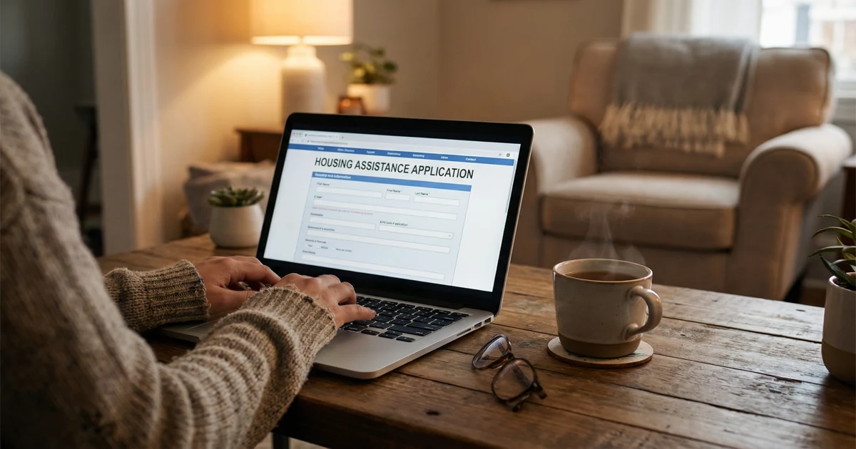 Ruce osoby vyplňující online žádost o příspěvek na bydlení na notebooku v útulném obývacím pokoji.