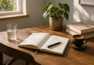 Pracovní stůl s otevřeným zápisníkem, plnícím perem, sklenicí vody, šálkem espressa a malou rostlinou — moderní soustředěný workspace