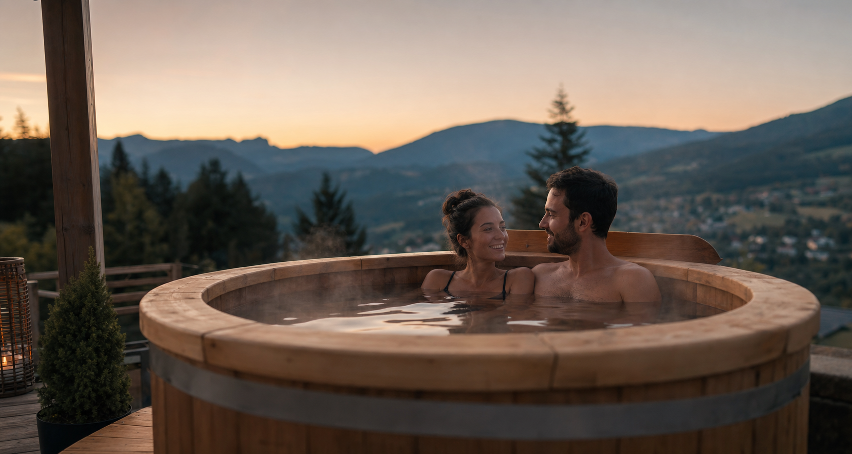 Pár si užívá privátní wellness pobyt s výhledem na hory při západu slunce.