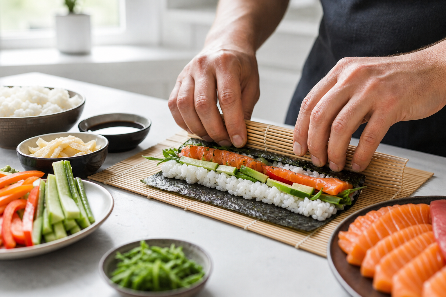 Příprava čerstvého sushi v moderní kuchyni během kurzu vaření.