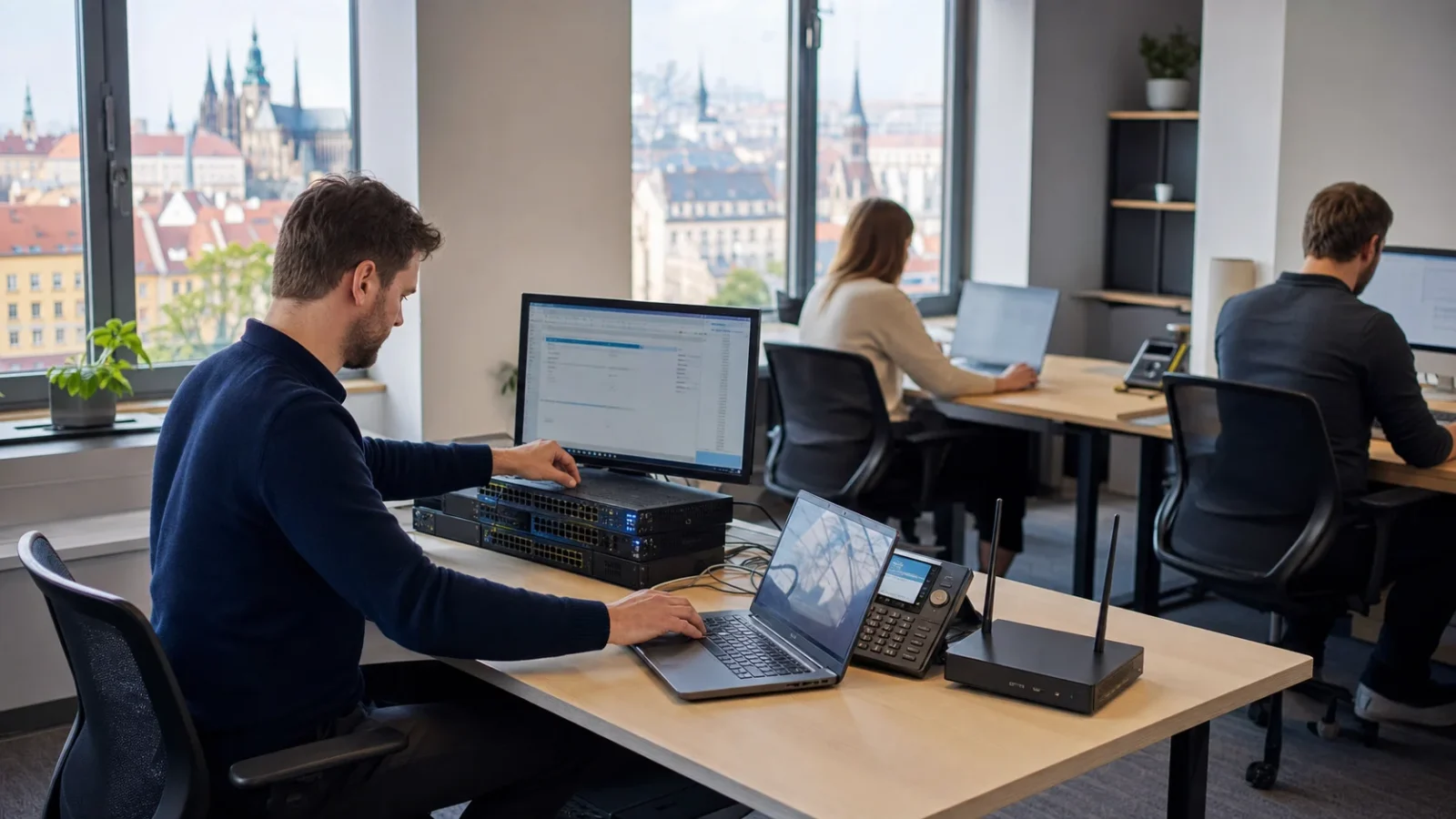 Moderní kancelář s notebooky a správou firemních IT zařízení