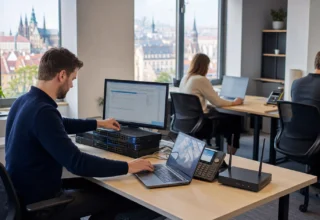 Moderní kancelář s notebooky a správou firemních IT zařízení