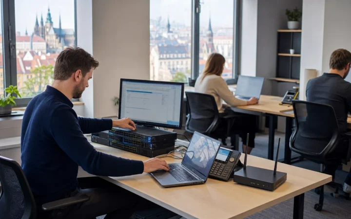 Moderní kancelář s notebooky a správou firemních IT zařízení