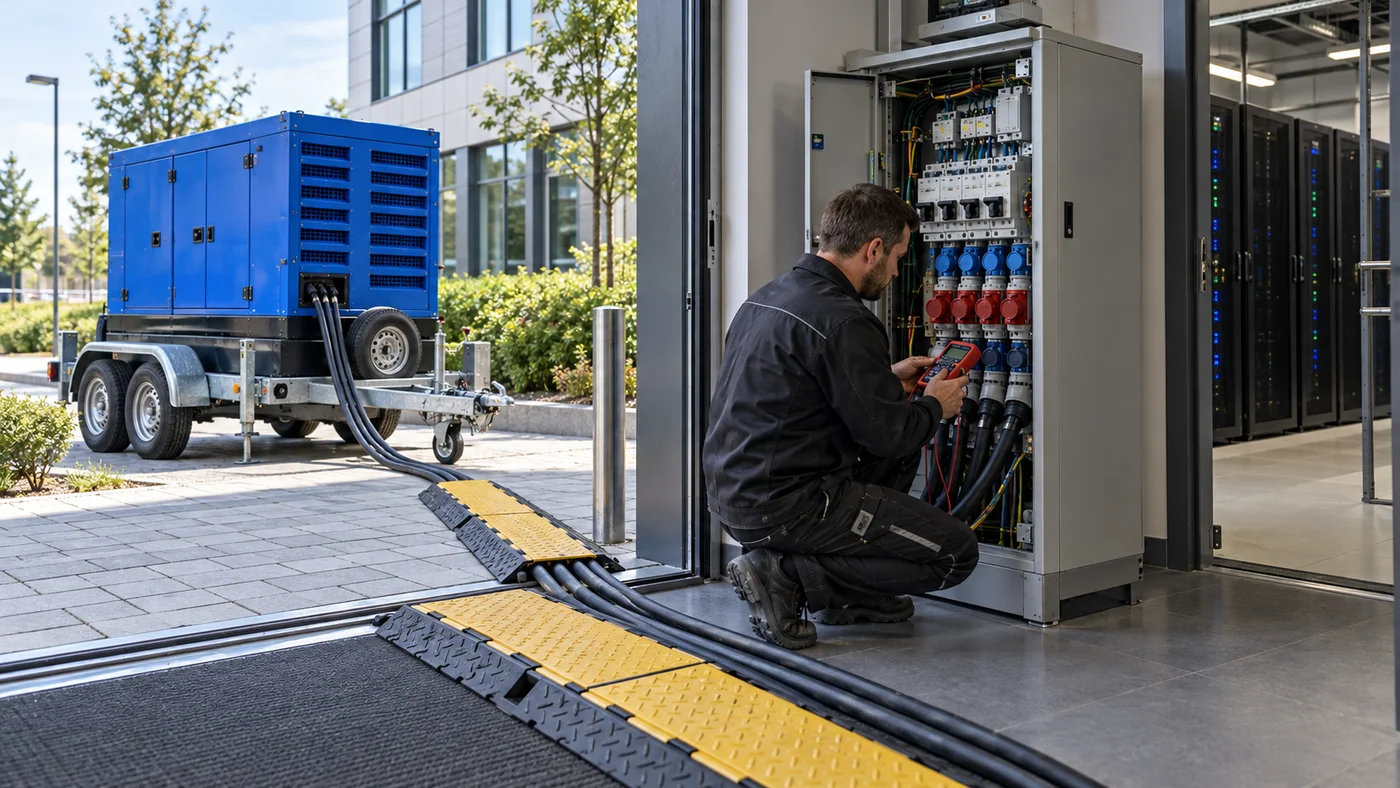 Detail silných kabelů od elektrocentrály k rozvaděči v nové serverovně, technik kontroluje zapojení.