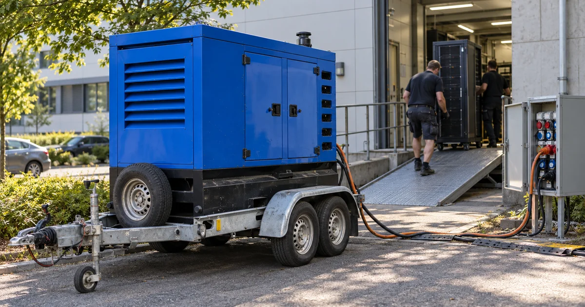 Modrá elektrocentrála na přívěsu u nakládací rampy, technici stěhují serverový rack v sobotu.