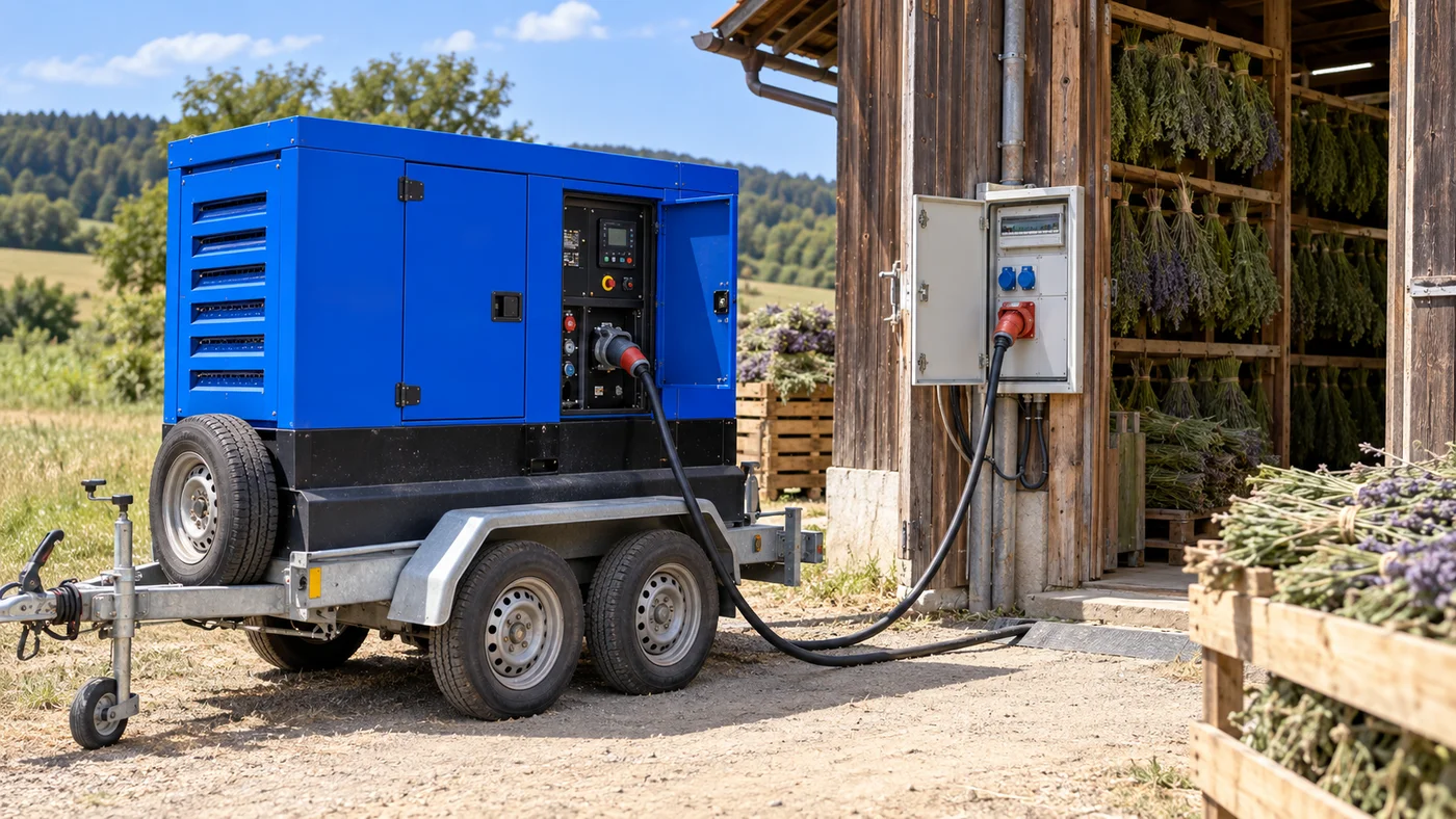 Detail ovládacího panelu a přívodní kabeláže modré elektrocentrály na přívěsu