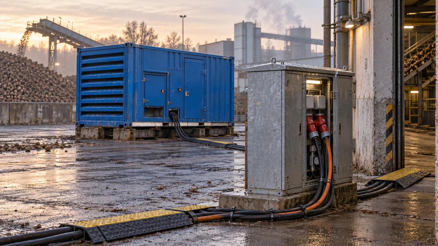 Detail rozváděcí skříně a kabeláže elektrocentrály vedoucí do budovy cukrovaru v ranní mlze.