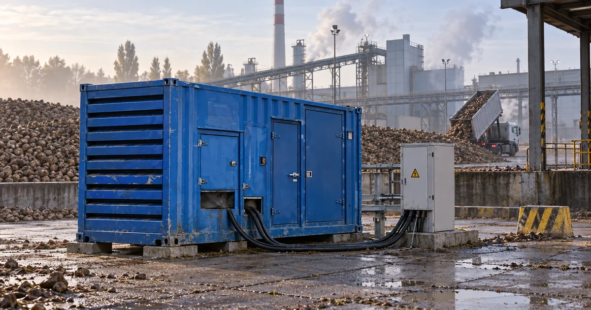 Modrý kontejner s elektrocentrálou u rampy cukrovaru, na dvoře hromady cukrové řepy, zářijové ráno s mlhou.