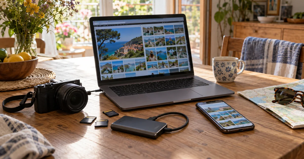 Notebook s fotkami z dovolené, fotoaparát, paměťové karty, externí SSD a telefon na dřevěném stole