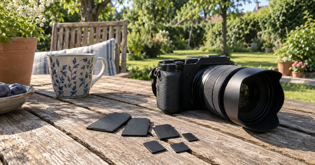 Několik paměťových karet microSD a SD ležících vedle fotoaparátu na dřevěném stole