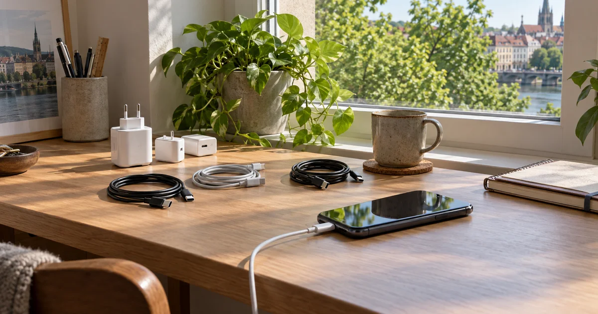 Několik kabelů USB-C a nabíječek na dřevěném stole u okna, vedle telefonu na nabíjení