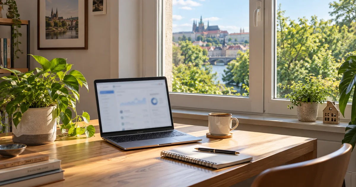 Notebook s otevřeným internetovým bankovnictvím, sešit a hrnek na pracovním stole u okna