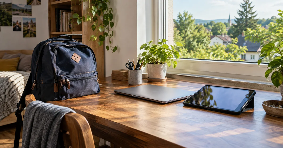 Školní batoh, tablet a notebook položené na dřevěném stole u okna