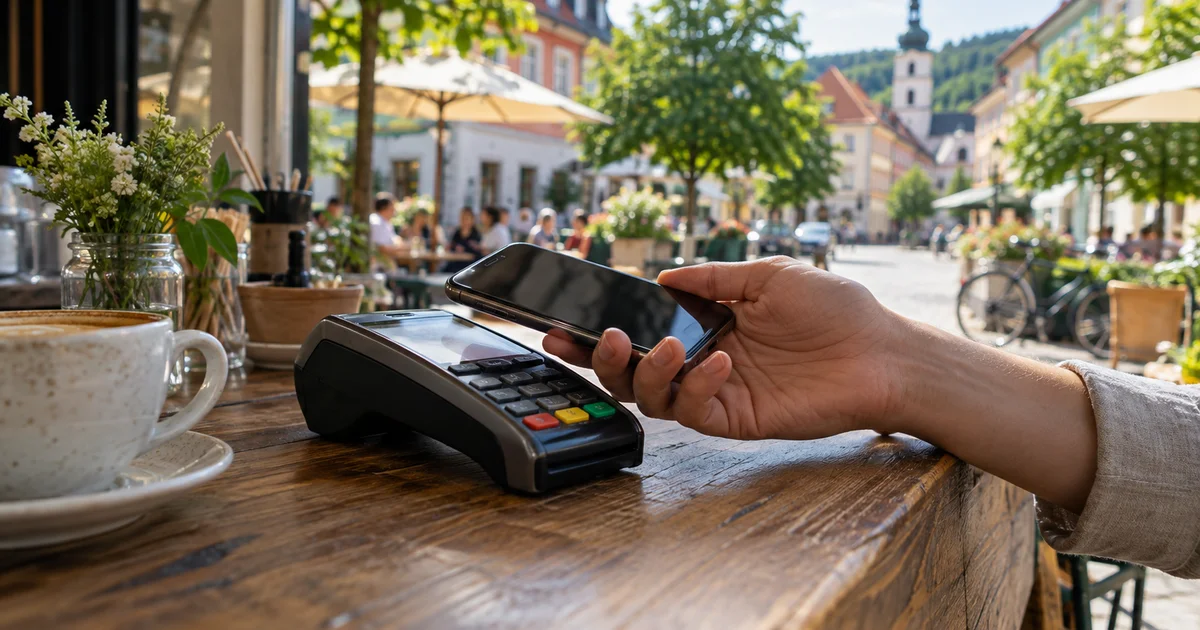 Telefon přiložený k platebnímu terminálu na pultu kavárny v pozdním létě