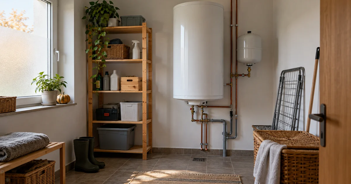 Elektrický zásobníkový ohřívač vody v domácí technické místnosti vedle rozvodů vody