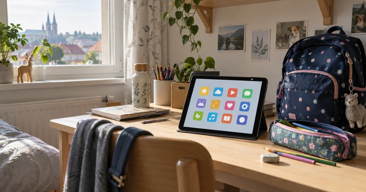 Tablet s barevnými ikonami aplikací na dětském psacím stole vedle školního batohu a penálu