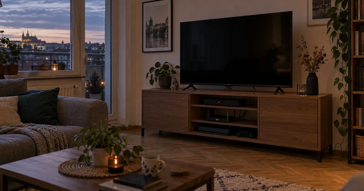 Televize se set-top boxem a routerem v obývacím pokoji večer, na skříňce svítí malé diody pohotovostního režimu