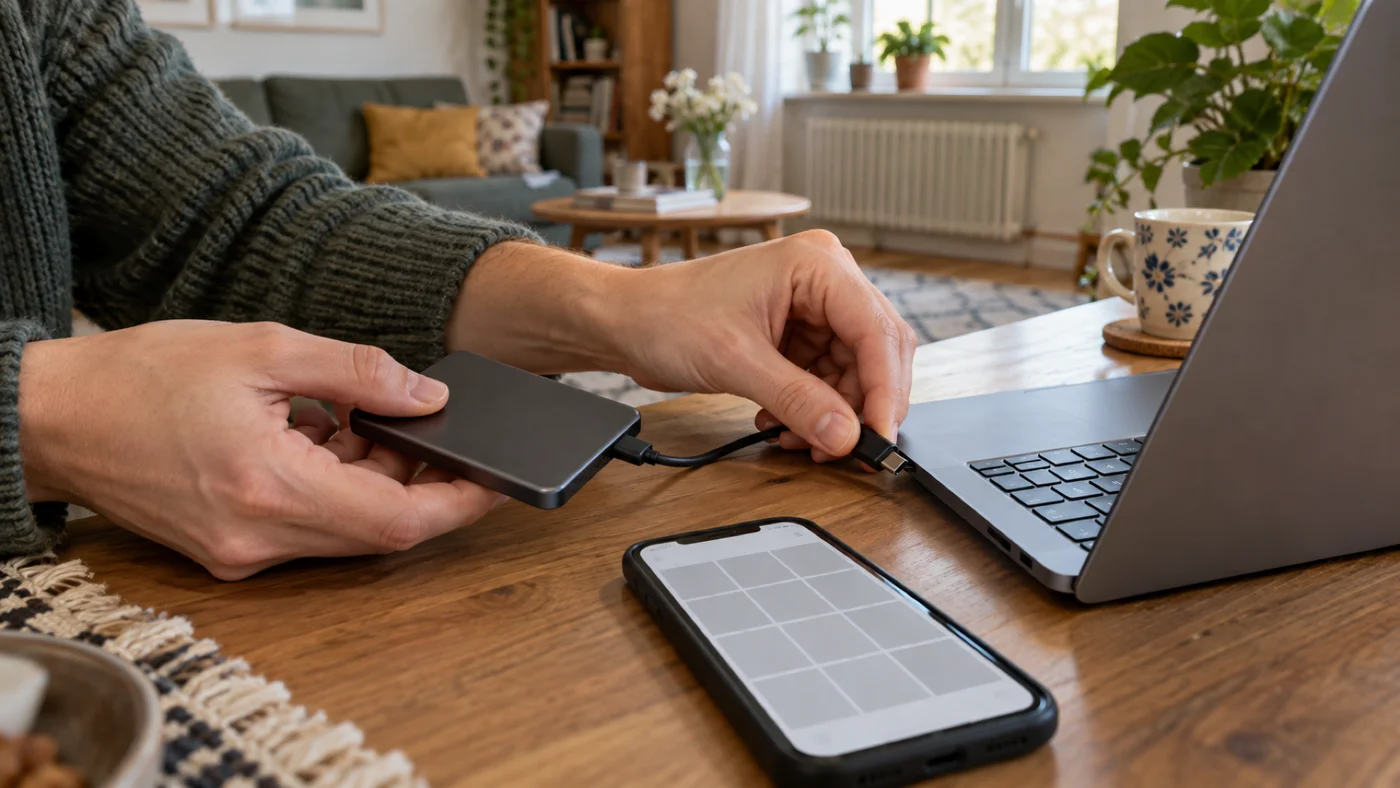Ruce zapojující externí SSD disk do notebooku vedle telefonu na stole v obýváku