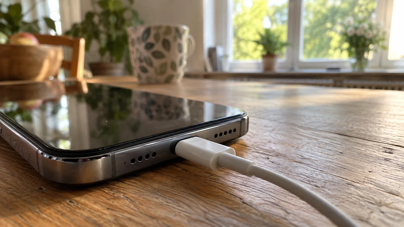Detail konektoru USB-C na kabelu zapojeném do telefonu