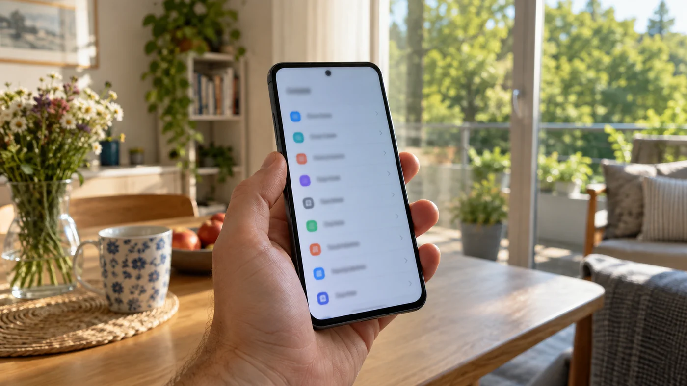 Ruka drží telefon a prochází menu nastavení systému při kontrole aktualizací
