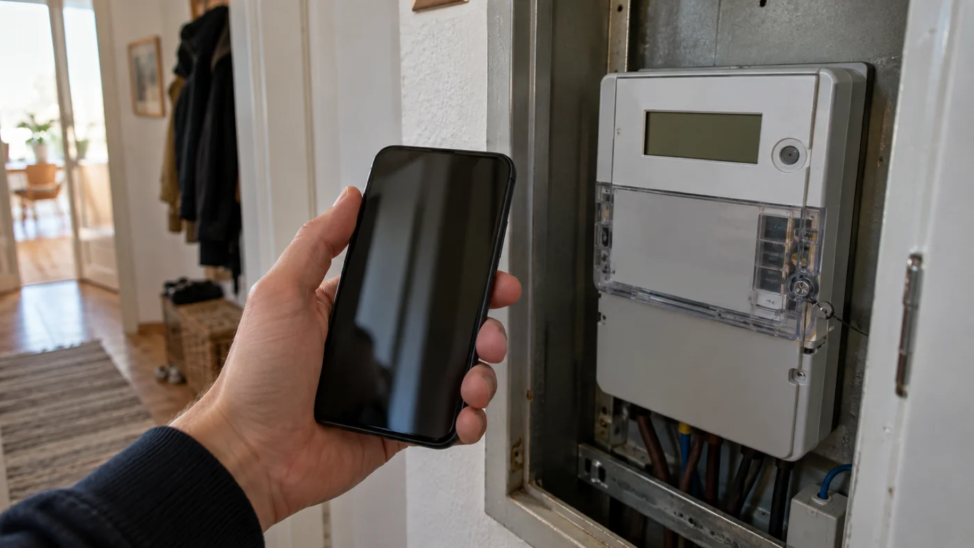 Ruka s telefonem u elektroměru v bytové chodbě