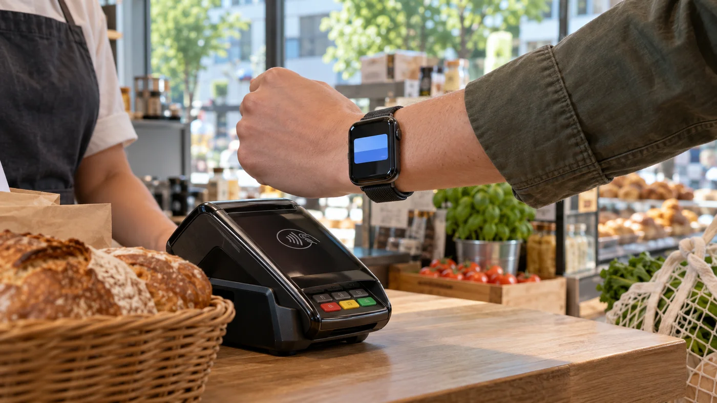 Hodinky na zápěstí přiložené k platebnímu terminálu na pokladně obchodu