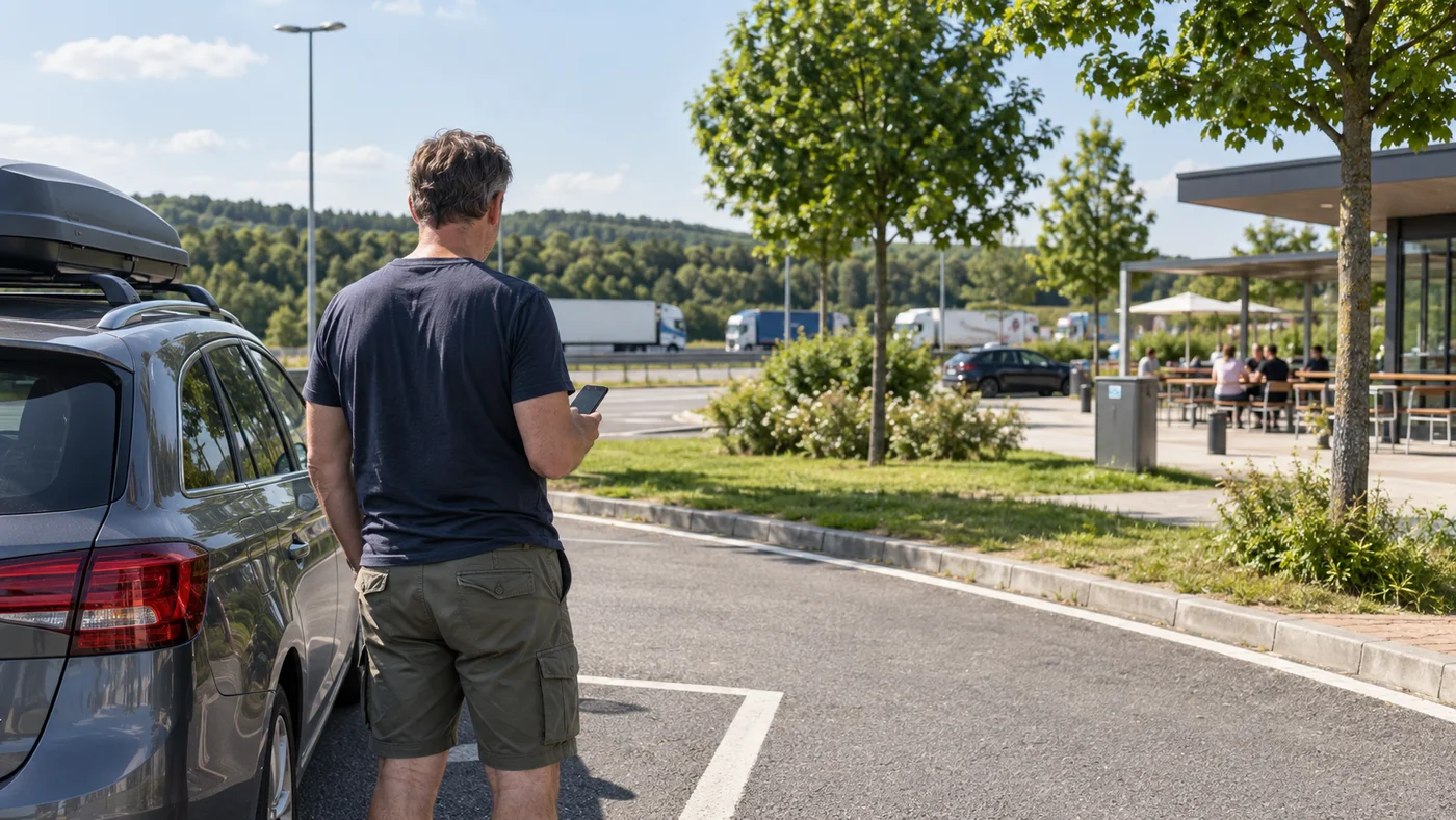 Řidič na odpočívce u dálnice s telefonem v ruce před cestou